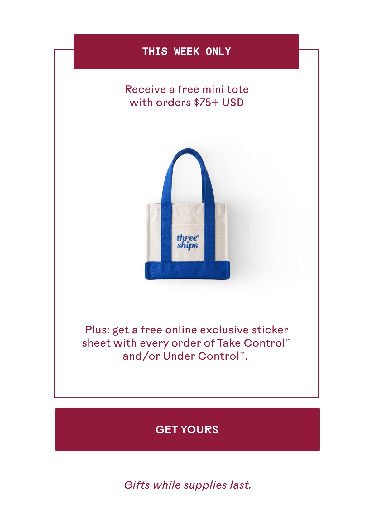 Receive a free mini tote with orders $75+ CAD 