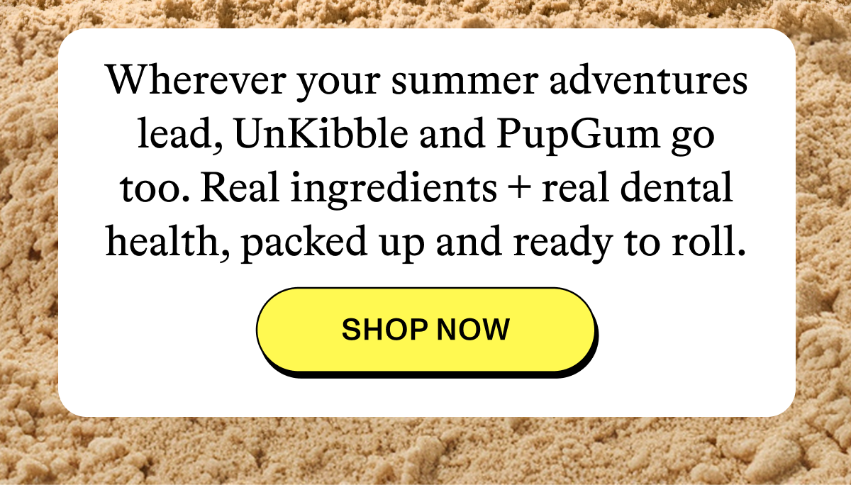 Wherever your summer adventures lead, UnKibble and PupGum go too. Real ingredients + real dental health, packed up and ready to roll.  [SHOP NOW]