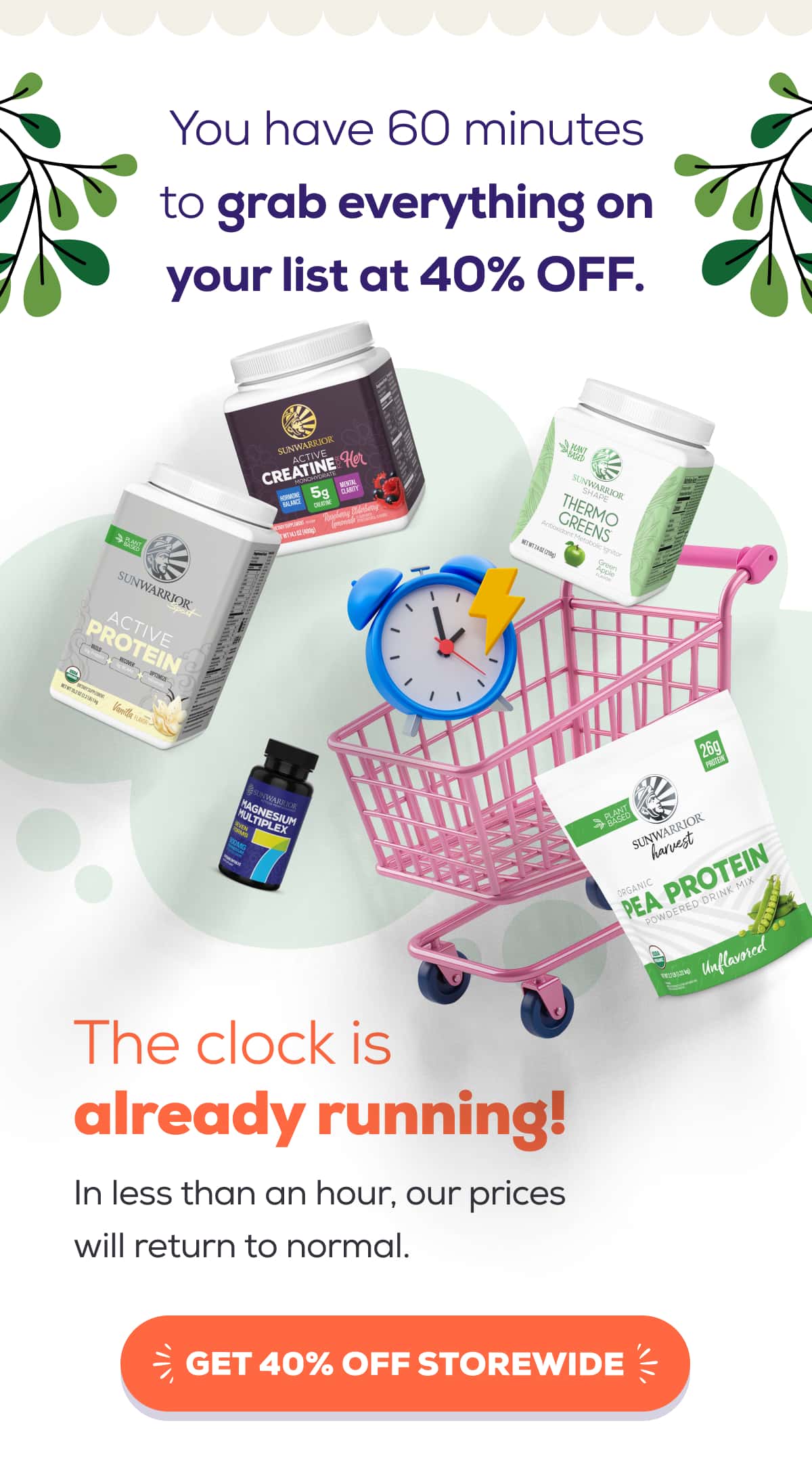 You have 60 minutes to grab everything on your list at 40% OFF.   The clock is already running! In less than an hour, our prices will return to normal.  GET 40% OFF STOREWIDE