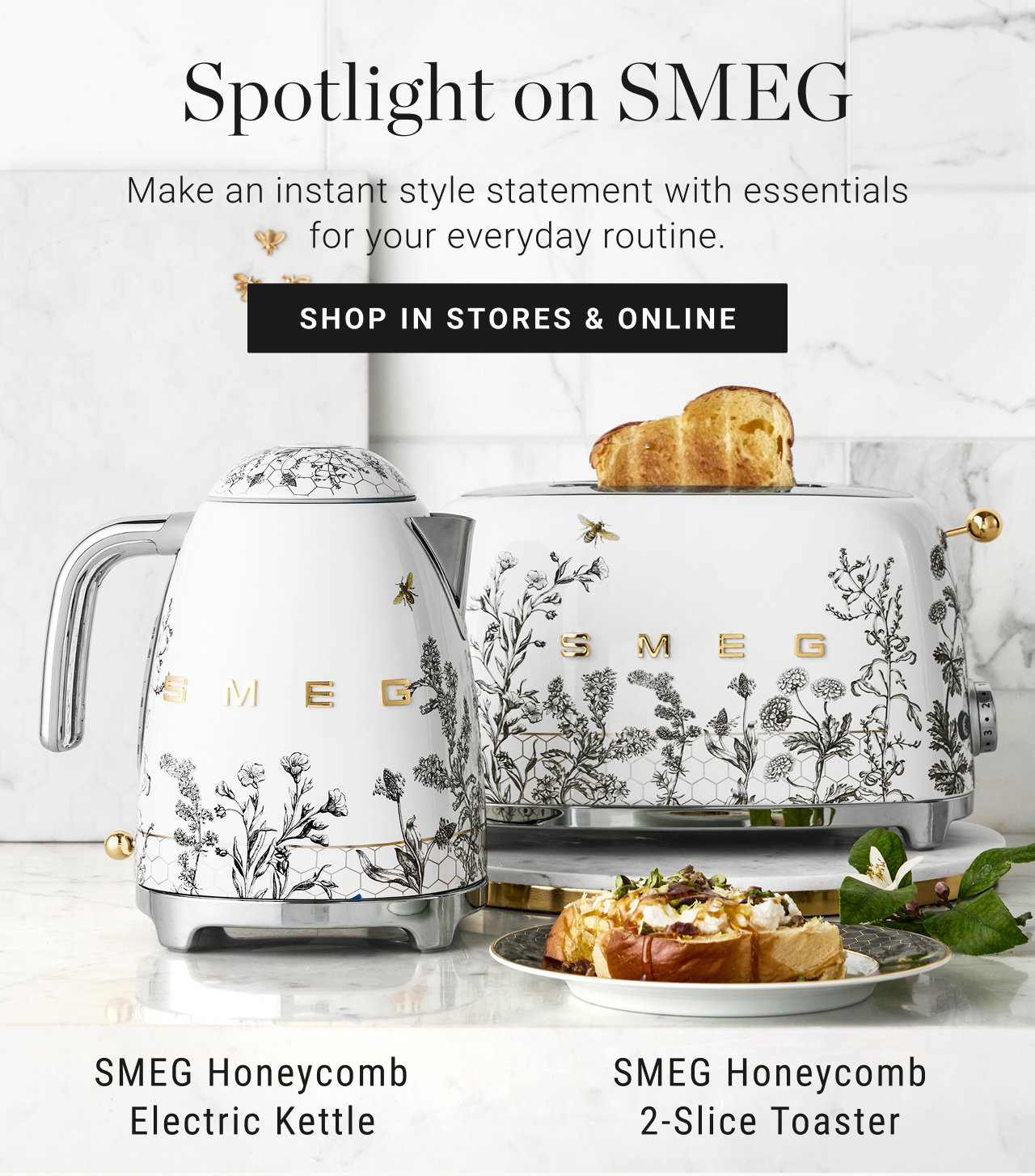 Spotlight On Smeg - Make an instant style statement with essentials for your everyday routine.  - shop in stores & online - SMEG Honeycomb Electric Kettle - SMEG Honeycomb 2-Slice Toaster