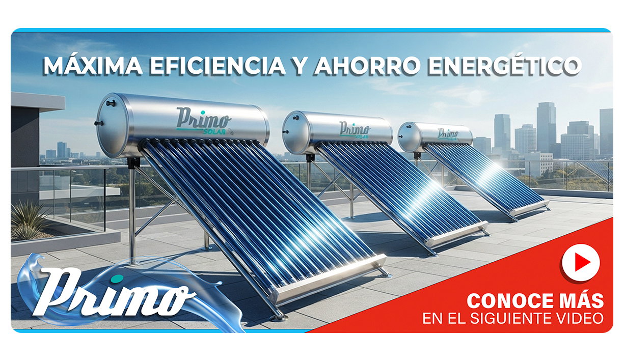 Primo solar water heaters on a rooftop with city skyline, promoting maximum energy efficiency and savings.