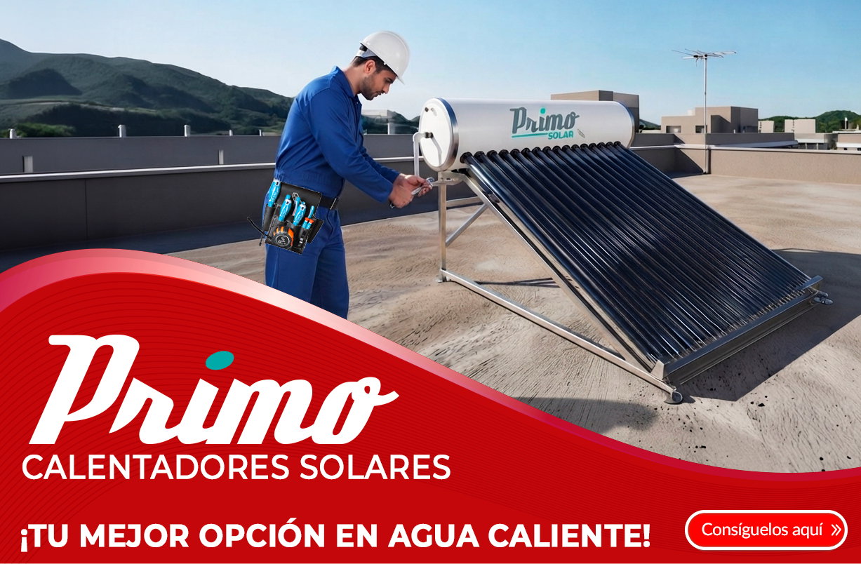 Technician installing Primo solar water heater on flat rooftop with mountains in background and red Primo branding banner