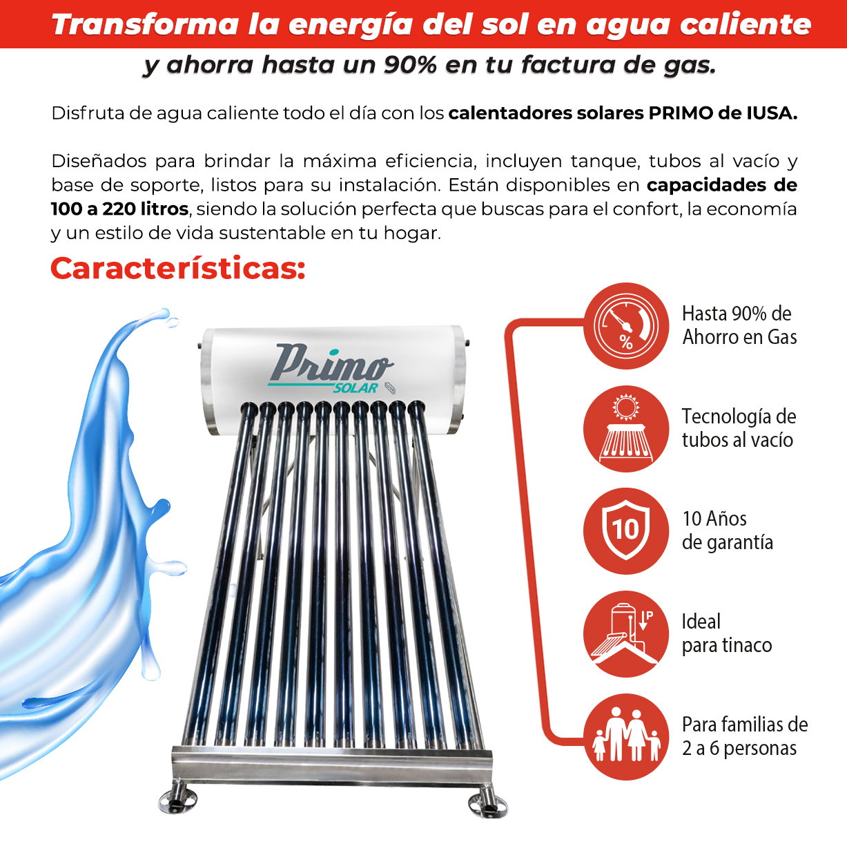 Primo Solar vacuum-tube water heater with tank and support frame, promotional Spanish text and benefit icons