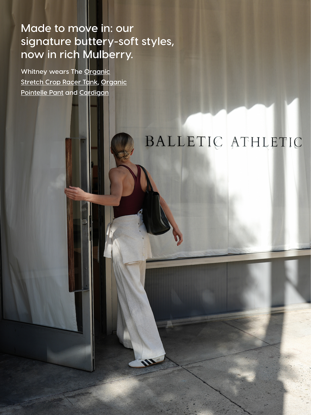 Made to move in: our signature buttery-soft styles, now in rich Mulberry. Whitney wears The Organic Stretch Crop Racer Tank, Organic Pointelle Pant and Cardigan