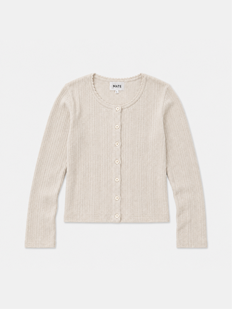 Organic Pointelle Cardigan in Heather Oat