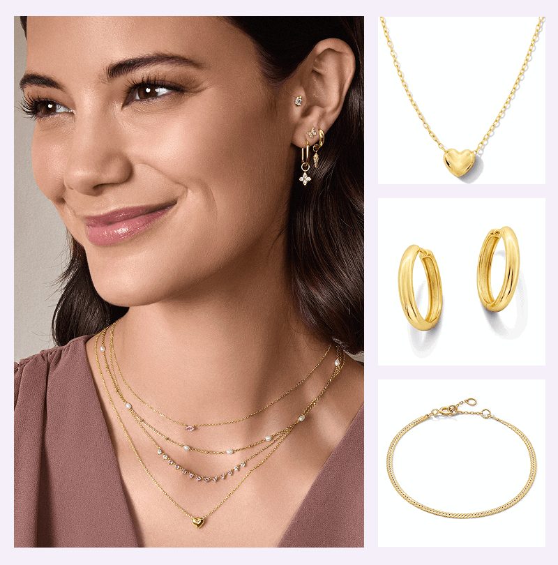 Lifestyle model shot wiith layered gold necklaces & ear stack. Next to product shots of gold heart pendant, hoops & bracelet.