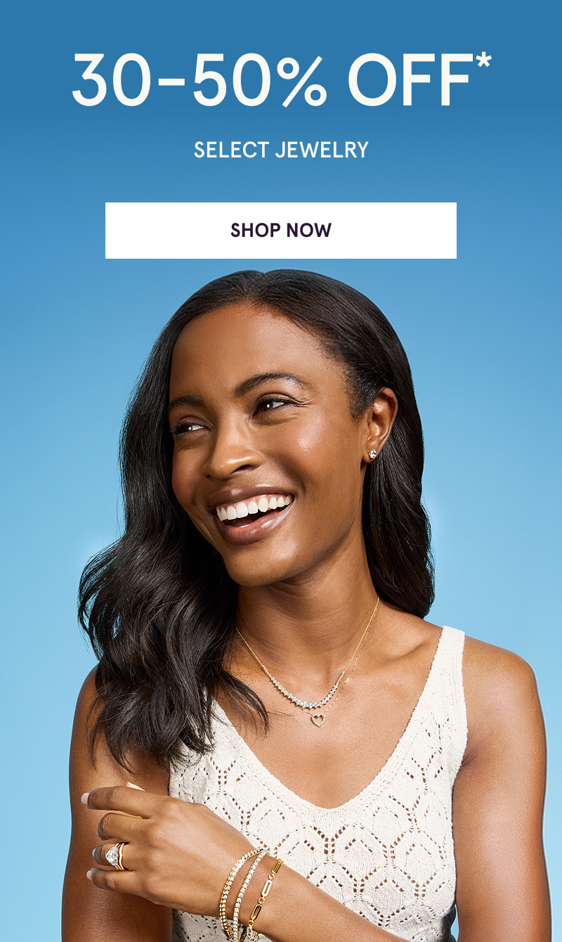 Model in assortment of diamond jewelry. 30-50% OFF Select Jewelry. Click here to shop now