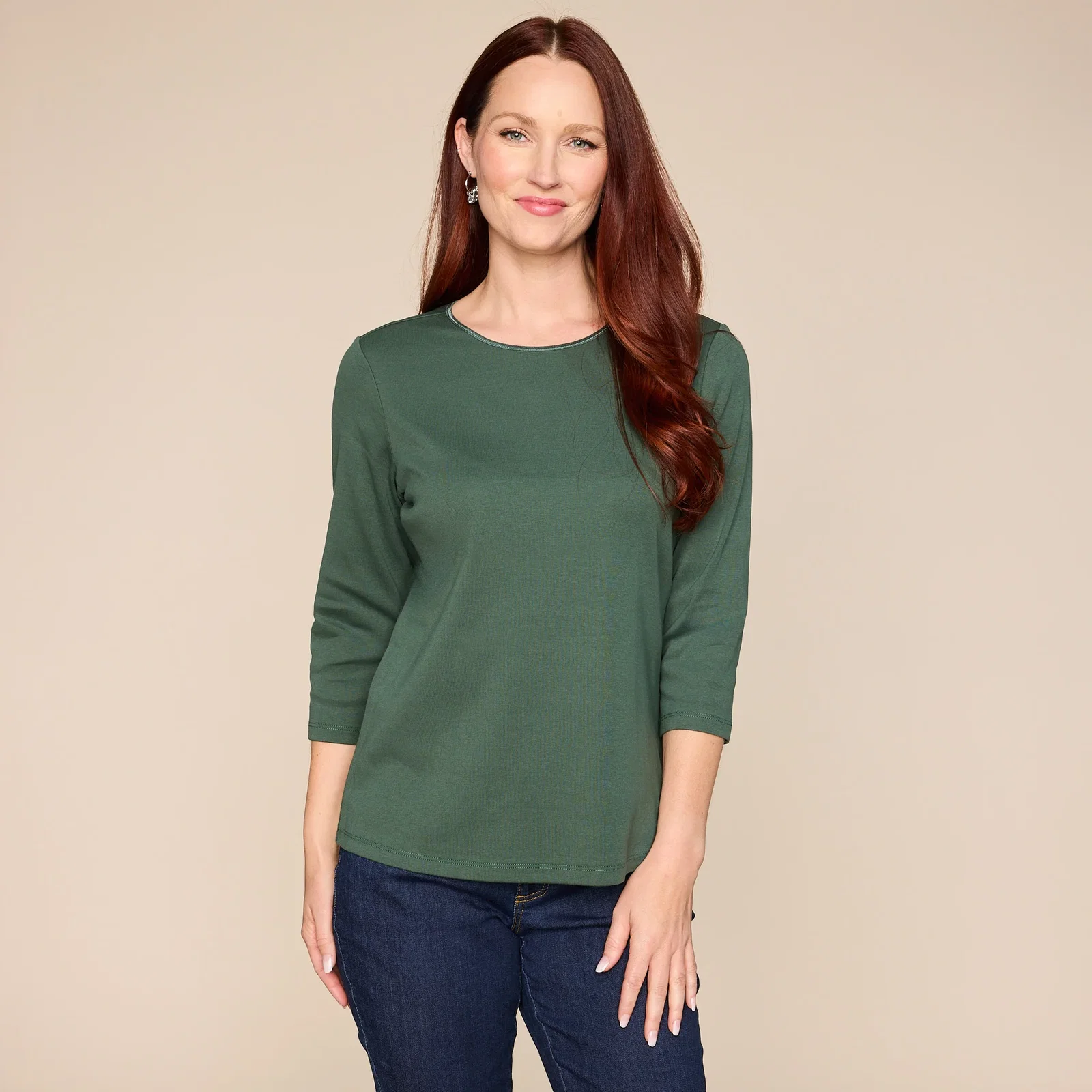 Image of Missy 3/4 Sleeve Satin Trim Crew Neck Perfect Tee