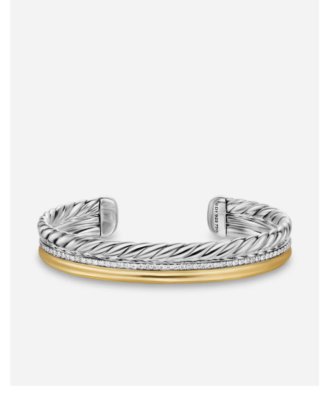 DY Mercer® Three Row Cuff Bracelet Sterling Silver with 18K Yellow Gold and Diamonds, 10.4mm