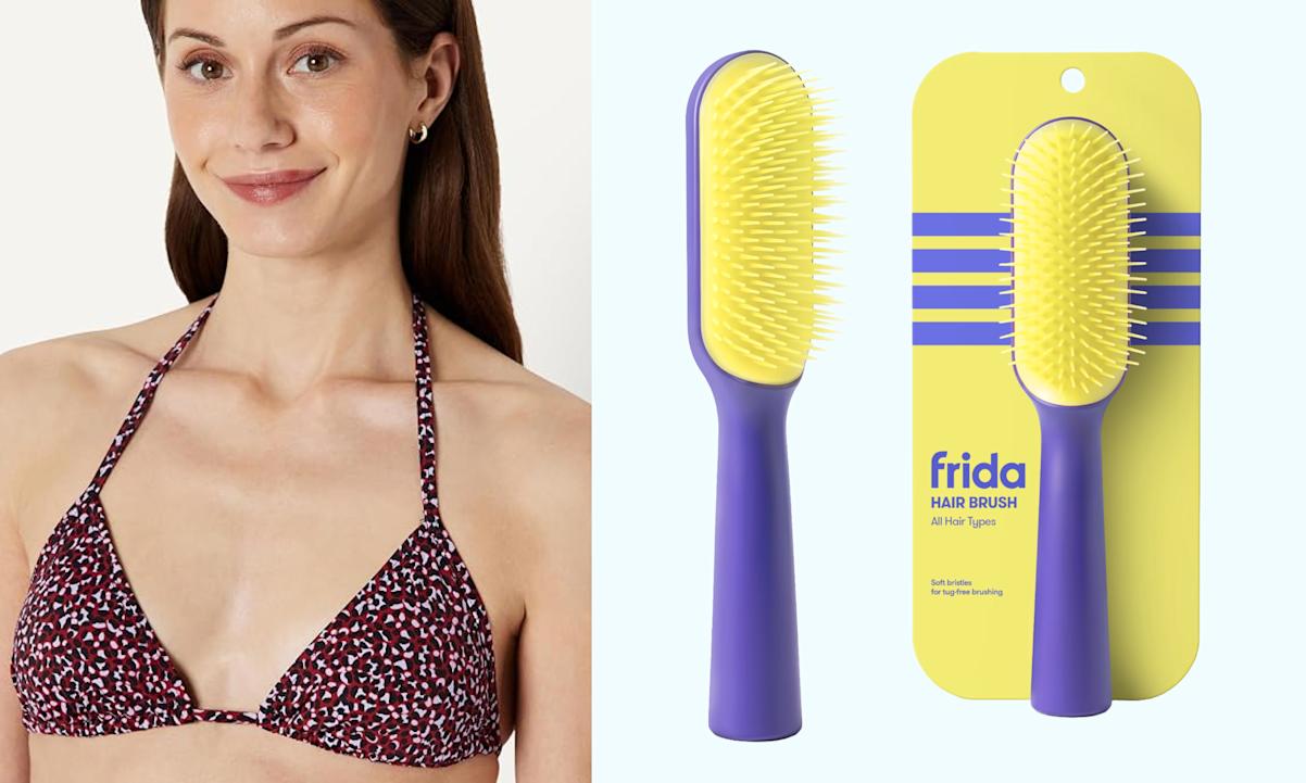 bikini top, hairbrush