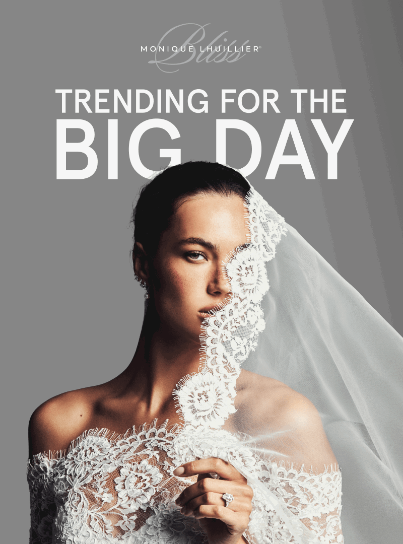 Bride wearing lace wedding gown, veil and diamond jewelry. Monique Lhuillier Bliss. Trending for the big day.