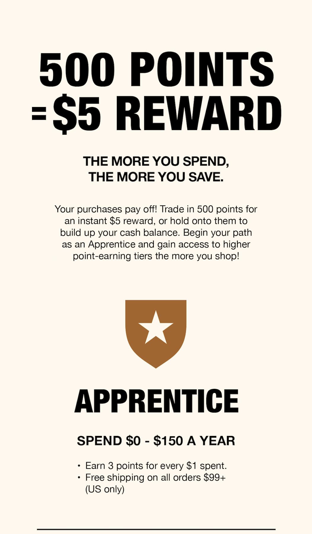 500 Points = $5 Reward. The More You Spend, The More You Save.