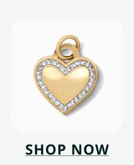 Gold heart-shaped charm with engraved diamond border. Click here to shop now