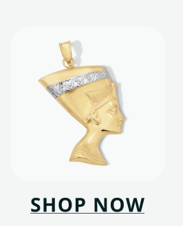 Gold pendant sculpted in the profile of the ancient Egyptian Queen Nefertiti. Click here to shop now