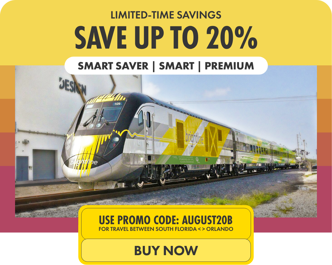 Promotional graphic advertising limited-time savings of up to 20% on train travel. A modern yellow and green passenger train is shown on tracks in an industrial outdoor setting. The offer highlights Smart Saver, Smart, and Premium fare options. Text includes a promo code AUGUST20B for travel between South Florida and Orlando, with a call-to-action button reading Buy Now.