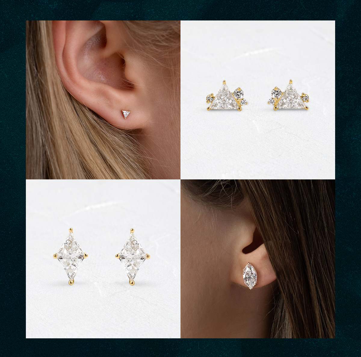Overview of new earrings dropping this Friday, shown in a grid of photos of models wearing the earrings and close up photos of the products on textured white backgrounds.