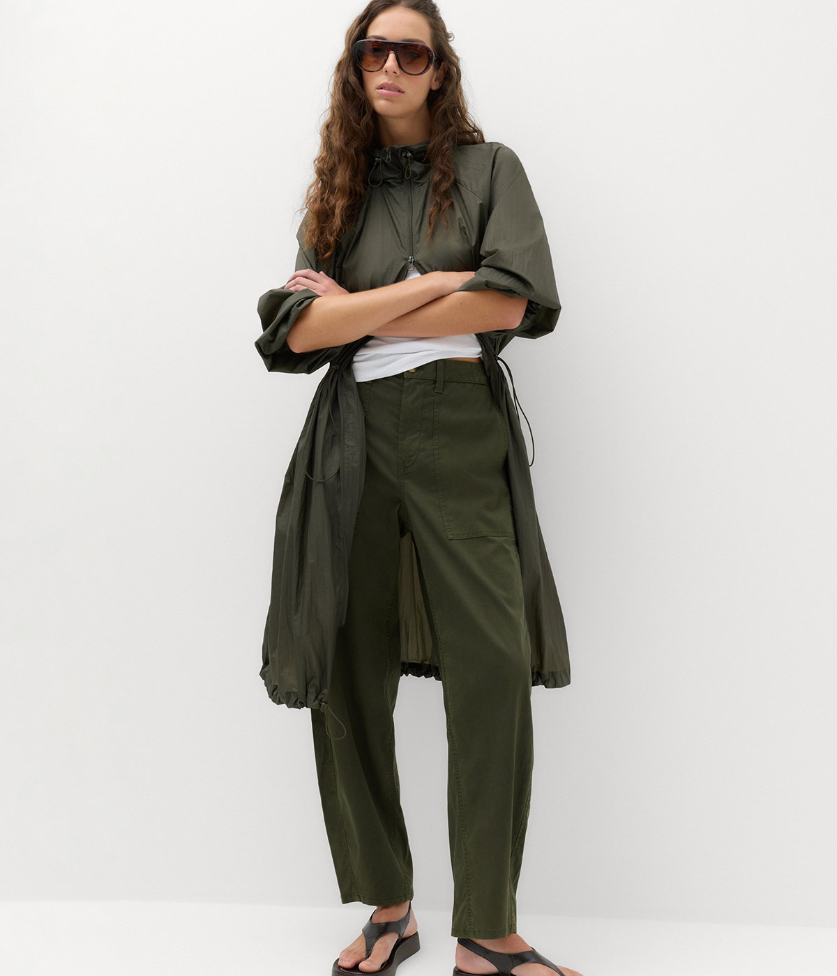 Woman wearing Khaki Lyocell Rich Utility Barrel Leg Trousers
