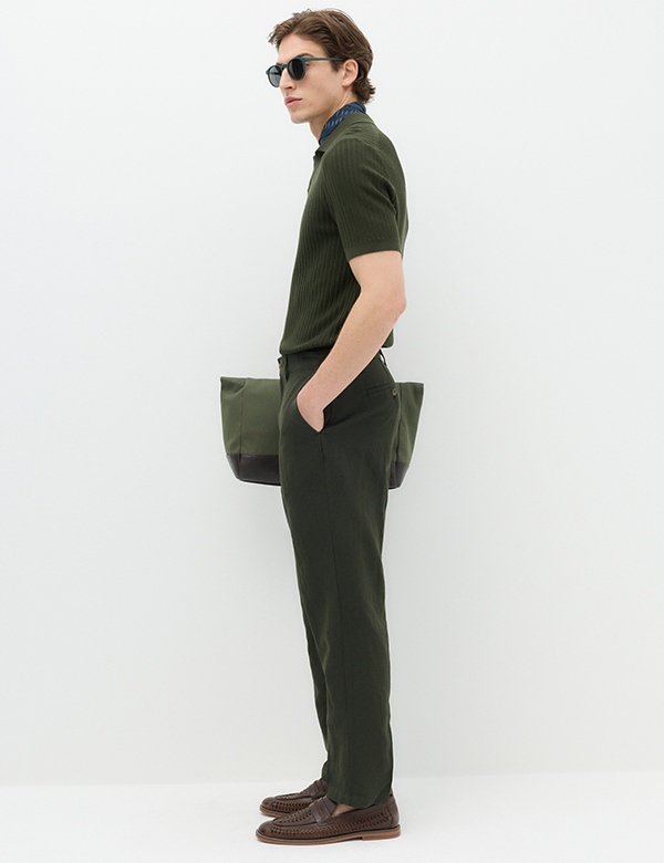Man wearing Dark Khaki Regular Fit Linen Blend Chinos