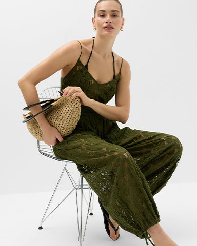 Woman wearing Fern Green Cotton Rich Lace Balloon Jumpsuit