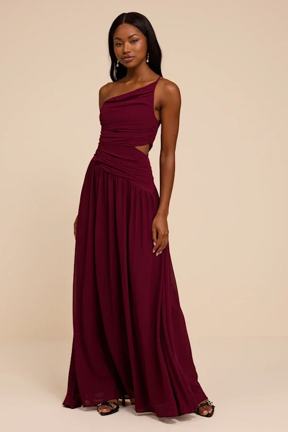 Image of Marcela Plum Ruched One-Shoulder Maxi Dress