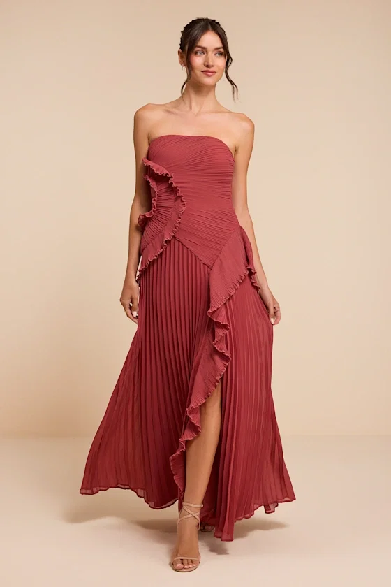 Image of Brylee Rusty Rose Pleated Ruffled Maxi Dress