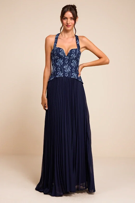 Image of Dame Navy Lace Bustier Maxi Dress