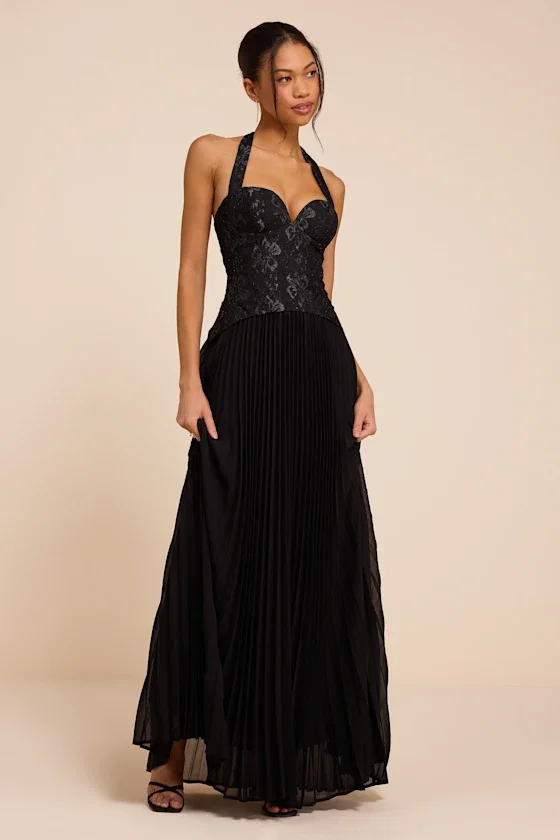 Image of Dame Black Lace Bustier Maxi Dress