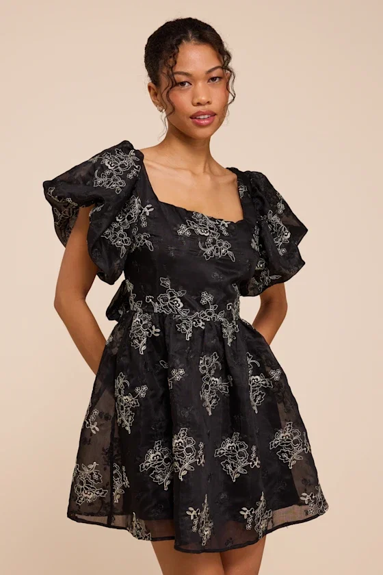 Image of Cathaysa Black Embroidered Puff Sleeve Bow Mini Dress