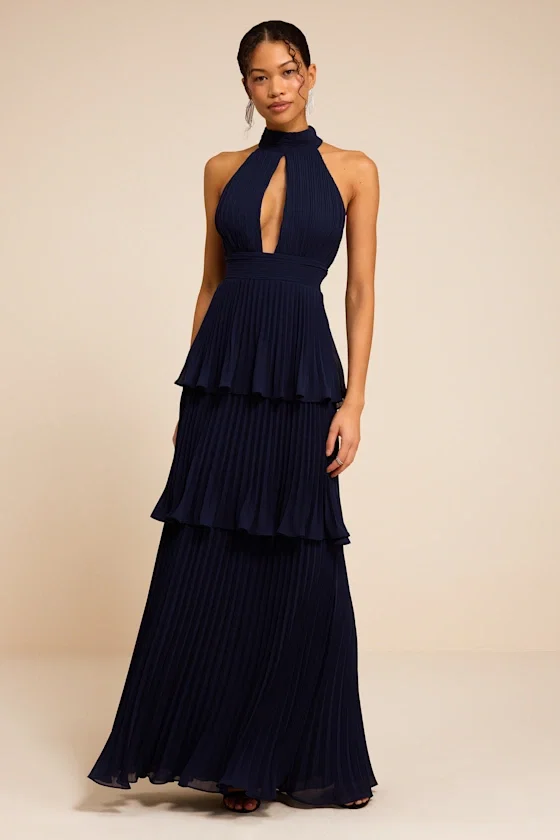 Image of Mavia Navy Pleated Cutout Tiered Maxi Dress