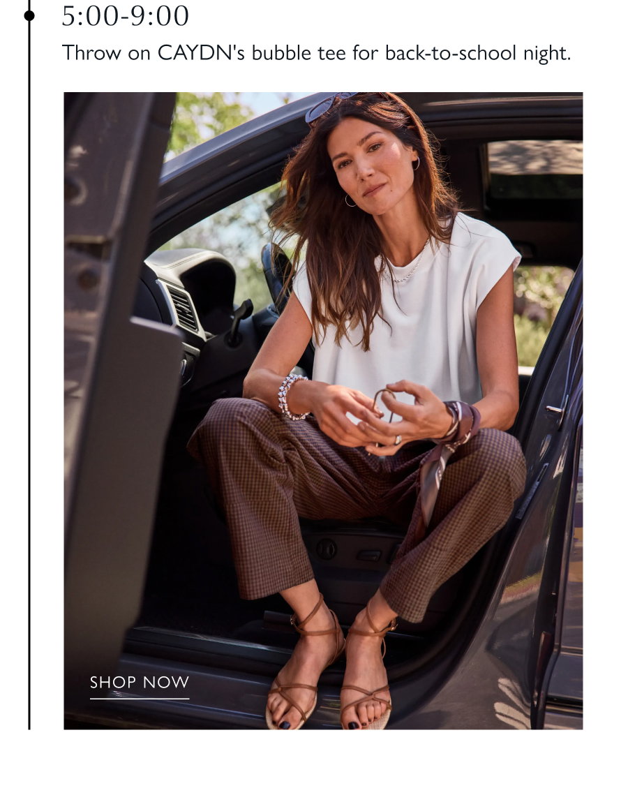 5:00-9:00  Image of model in CAYDN's bubble tee for back-to-school night. SHOP NOW