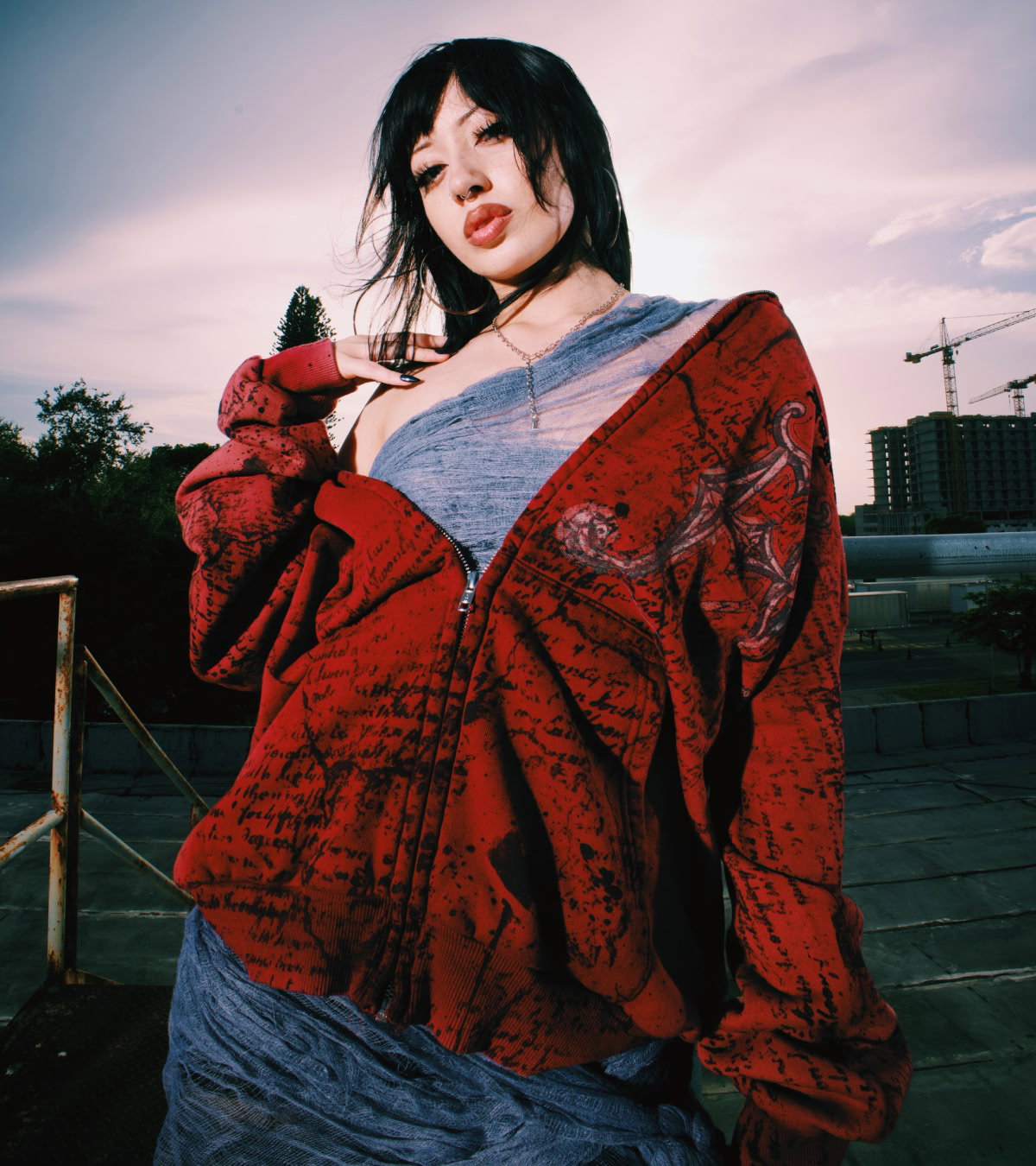 Shop Affliction x Rogue | An scene girl wearing the red hoodie from the collab