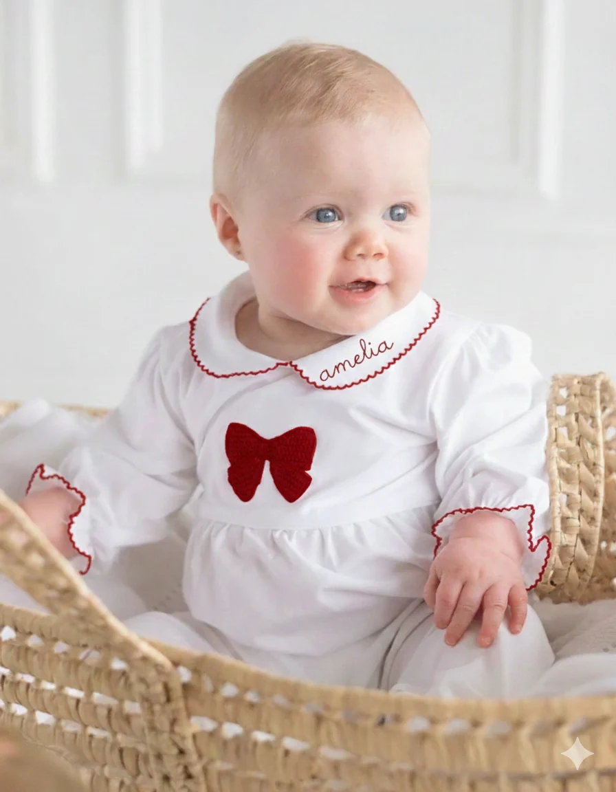 Garnet Bow Hand Crocheted Knit Layette