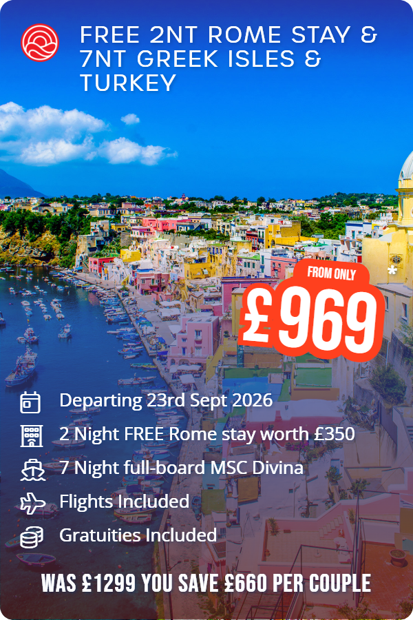 FREE 2nt Rome stay & 7nt Greek Isles & Turkey – Smart Holiday promotional image. From £969 Includes: Departing 23rd Sept 2026, 2 Night FREE Rome stay worth £350, 7 Night full-board MSC Divina, Flights Included, Gratuities Included. WAS £1299 YOU SAVE £660 PER COUPLE