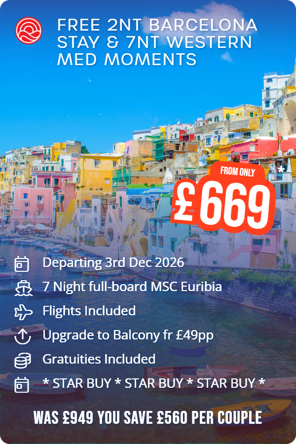 FREE 2nt Barcelona stay & 7nt Western Med Moments – Smart Holiday promotional image. From £669 Includes: Departing 3rd Dec 2026, 7 Night full-board MSC Euribia, Flights Included, Upgrade to Balcony fr £49pp, Gratuities Included, * STAR BUY * STAR BUY * STAR BUY *. WAS £949 YOU SAVE £560 PER COUPLE