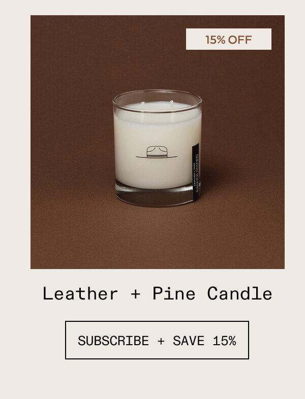 SHOP THE LEATHER + PINE CANDLE>