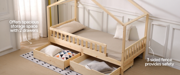 Offers spacious storage space with 2 drawers, 3 sided fence for security