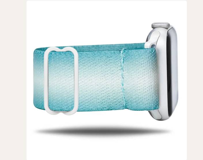 Coastal blue Apple Watch band on a silver Apple Watch.