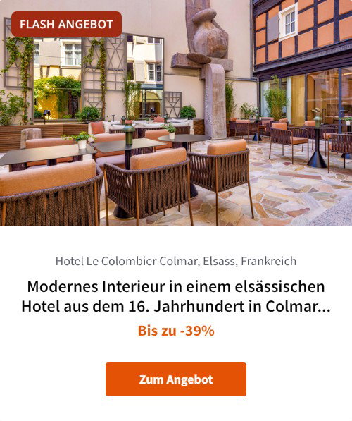 Modernes Interieur in einem elsässischen Hotel aus dem 16. Jahrhundert in Colmar