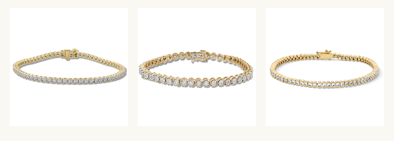 Three different styles of gold-set diamond tennis bracelets.