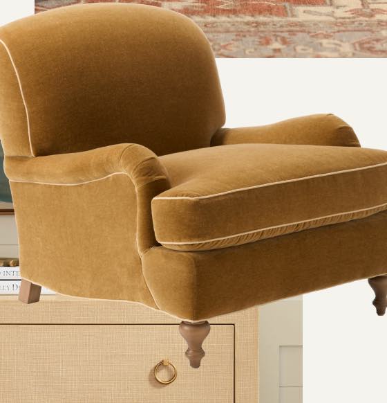 Miramar English Roll Arm Chair - Velvet Mohair Lark with Washed Linen Wheat Pipe