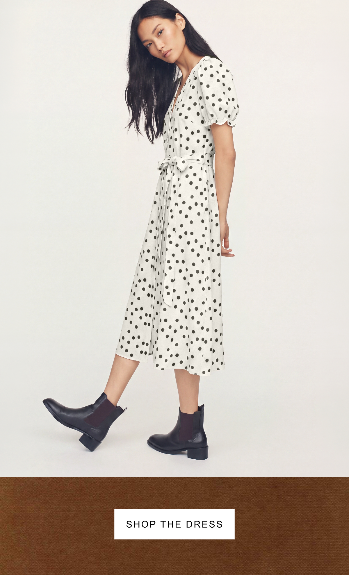 Short Sleeve Puff Sleeve Polka Dot Crepe Shirt Midi