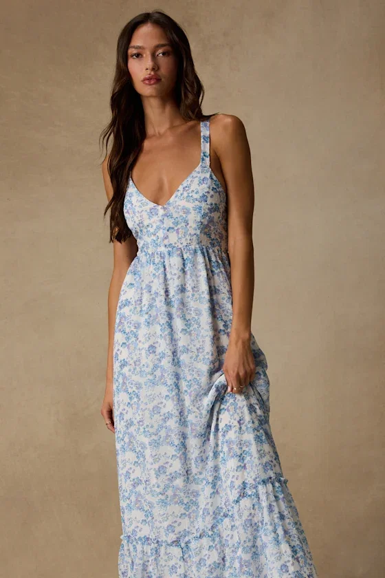 Image of My Love Story White Floral Print Tie-Back Maxi Dress