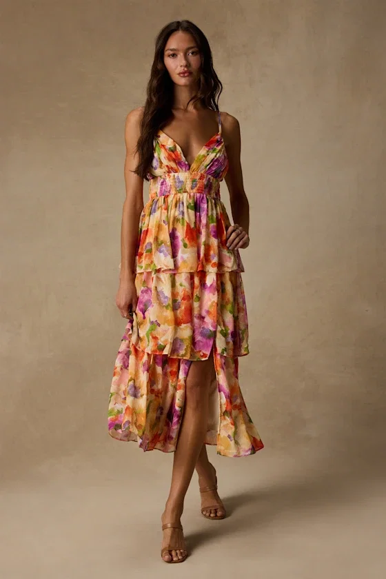 Image of Olesia Yellow Abstract Floral Print Tiered Midi Dress