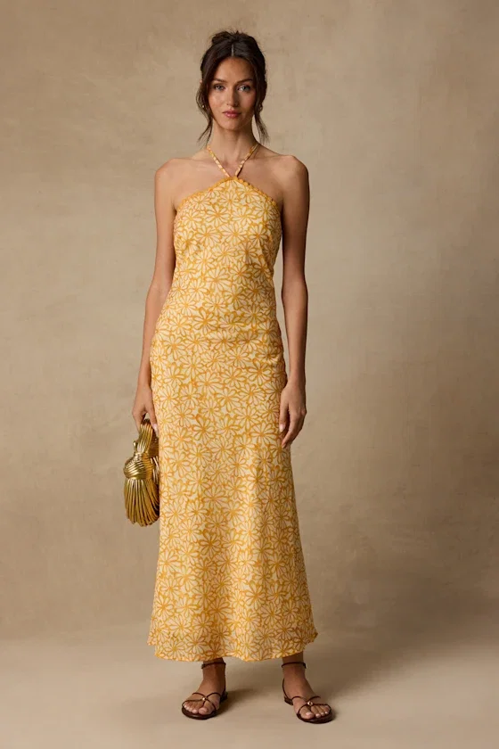 Image of Enola Yellow Floral Halter Midi Dress