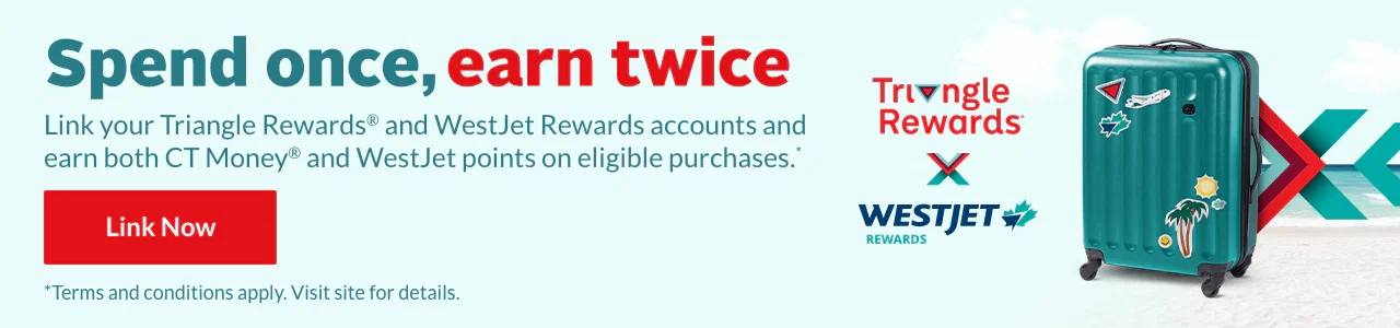 Spend once,earn twice <br> Link your Triangle Rewards® and WestJet Rewards accounts and earn both CT Money® and WestJet points on eligible purchases <br> Link Now