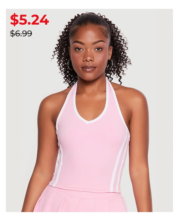 Shop Sleeveless Halter Crop Top with Varsity Stripe Detail