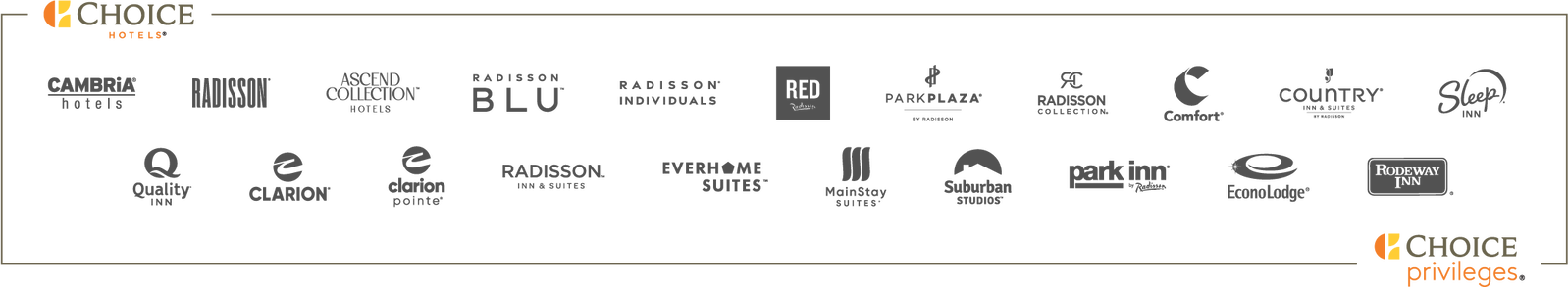 Choice Hotels & Radisson Brand Logos - | CAMBRIA HOTELS | RADISSON | ASCEND HOTEL COLLECTION | RADISSON BLU | RADISSION INDIVIDUALS | RADISSON RED | PARK PLAZA - BY RADISSON | RADISSON COLLECTION | COMFORT | COUNTRY INN & SUITES - BY RADISSON | SLEEP INN | QUALITY INN | CLARION | CLARION POINTE | RADISSION INN & SUITES | EVERHOME SUITES | MAINSTAY SUITES | SUBURBAN STUDIOS | PARK INN - BY RADISSON | ECONOLODGE | RODEWAY INN |