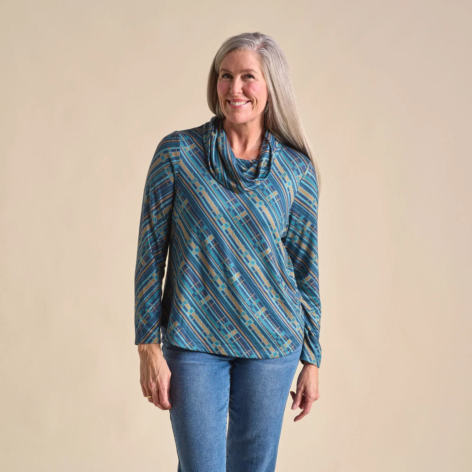Image of Relaxed Restyled Plaid Print Cowl Neck Tunic
