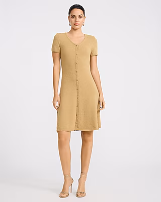 V-Neck Short Sleeve Button Front Mini Sweater Dress