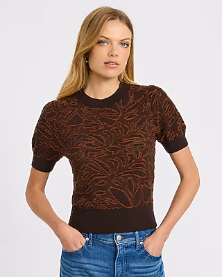 Cotton Contrast Floral Crew Neck Puff Sleeve Sweater